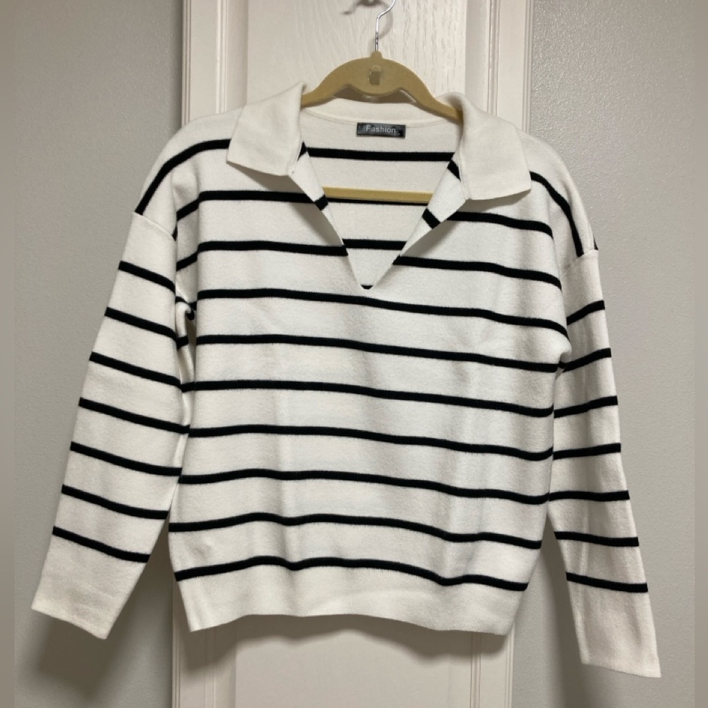 Women’s Black and White Striped Sweater. Size Small